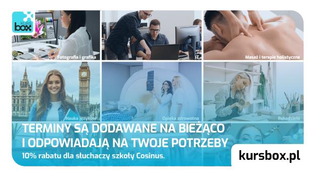 -10% na wszystkie kursy stacjonarne w mieście dla słuchaczy szkoły Cosinus!