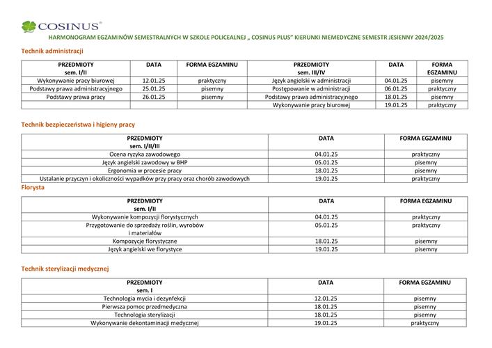 Harmonorgam egzaminów semestralnych kierunków niemedycznych.