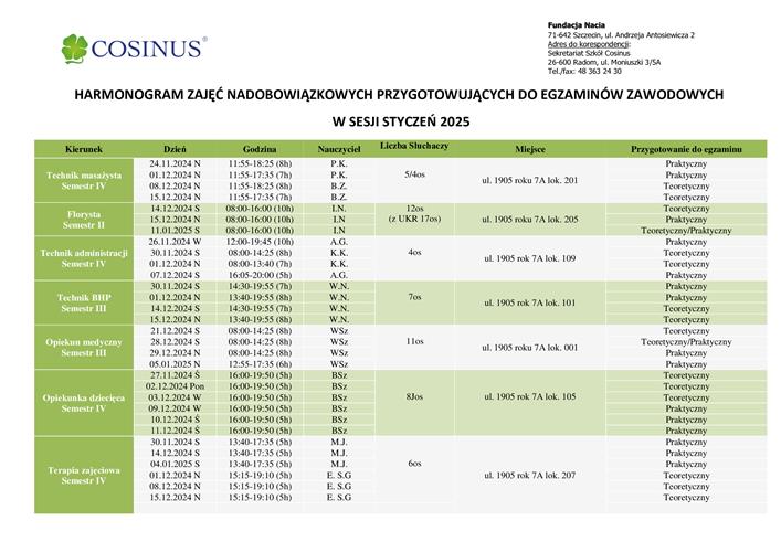 HARMONOGRAM ZAJĘĆ NADOBOWIĄZKOWYCH PRZYGOTOWUJĄCYCH DO EGZAMINÓW ZAWODOWYCH  W SESJI STYCZEŃ 2025